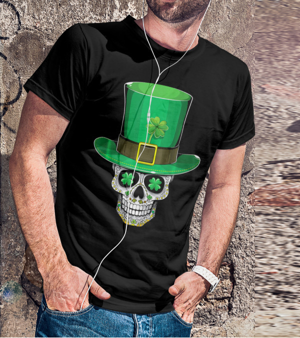 St Patricks Day Shamrock Sugar Skull Leprechaun T-Shirt