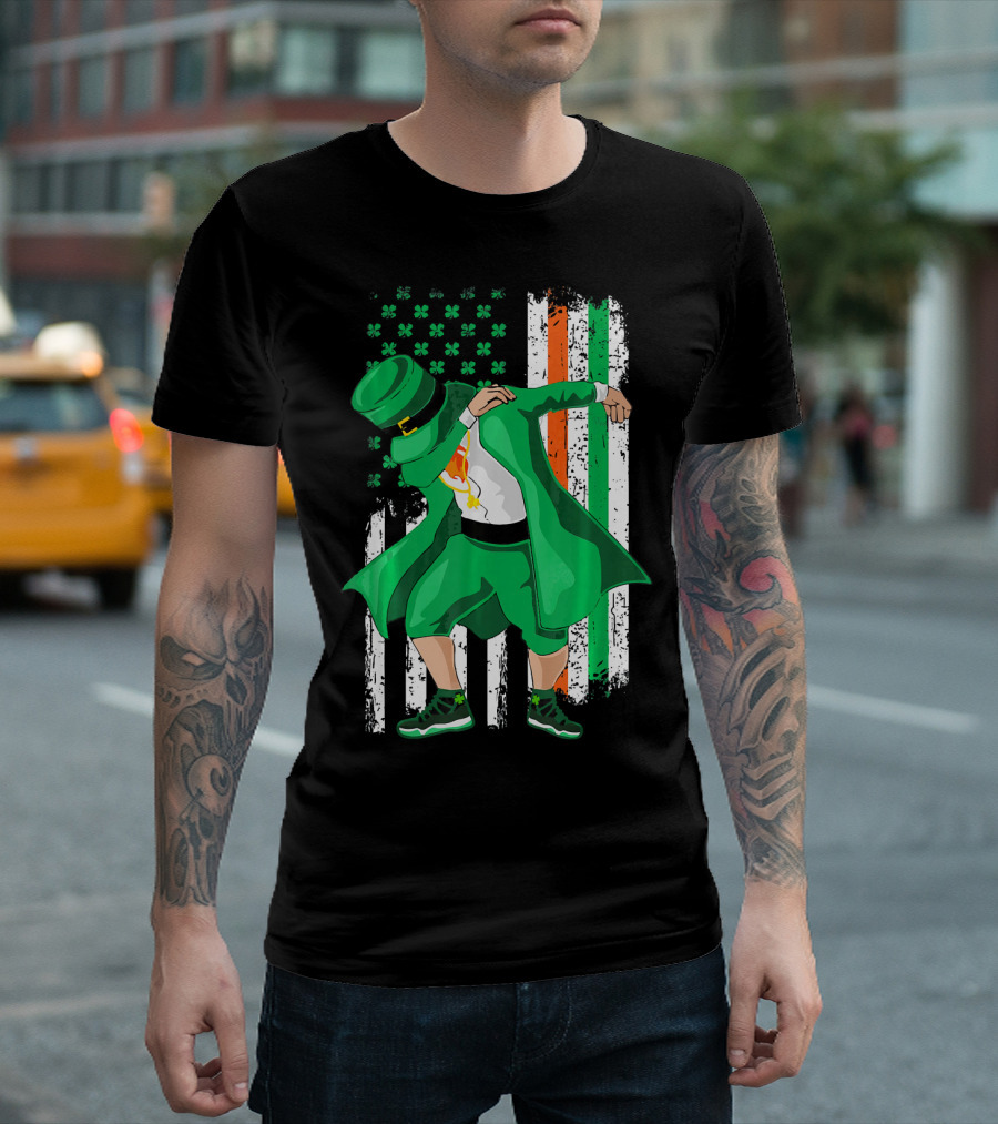 Dabbing Leprechaun with Shamrock and Irish American Flag Background T-Shirt
