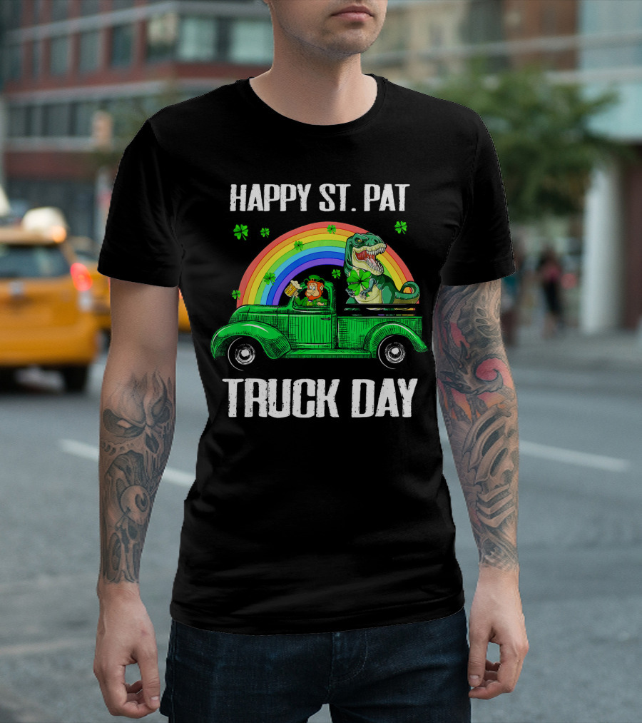 Happy St Pat Truck Day Leprechaun Drivin Dinosaur Rainbow T-Shirt