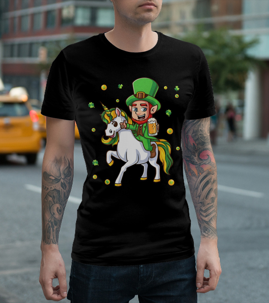 Leprechaun Drinking Beer with Unicorn Surrounded by Clovers and Coins T-Shirt
