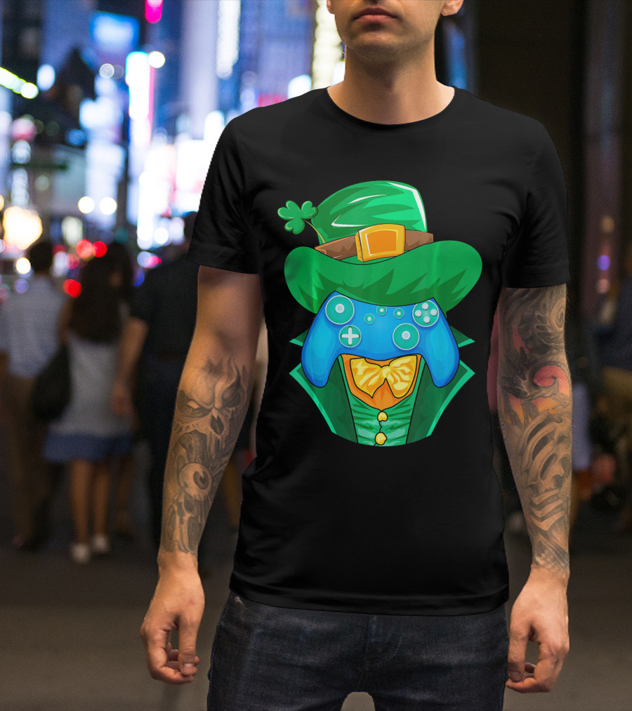 Leprechaun Gamer Controller St Patrick's Day Shamrock Hat Bowtie T-Shirt