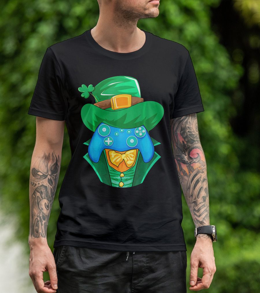 Leprechaun Gamer Controller St Patrick's Day Shamrock Hat Bowtie T-Shirt