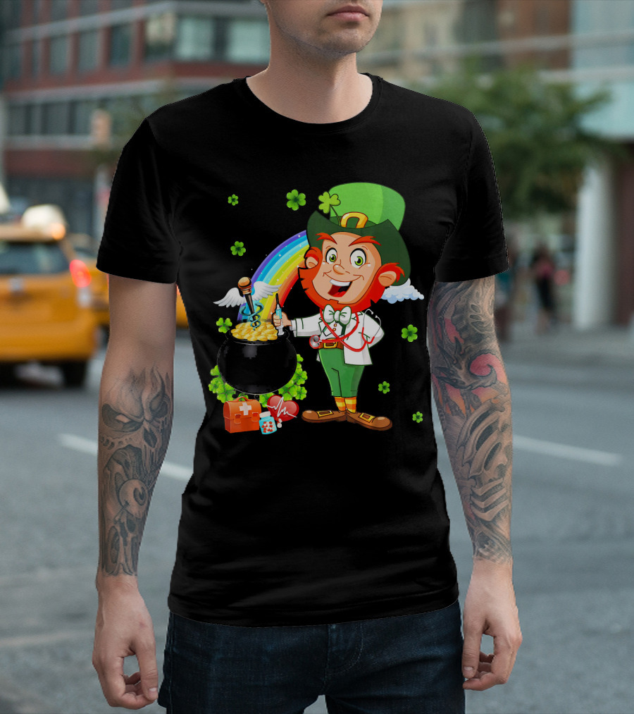 Lucky Medical Scrub Nurse Doctor Leprechaun with Pot of Gold and Rainbow T-Shirt