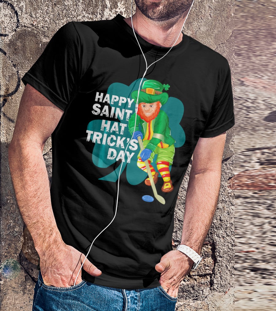 Happy Saint Hat Trick's Day Leprechaun Hockey Player Shamrock Ice T-Shirt