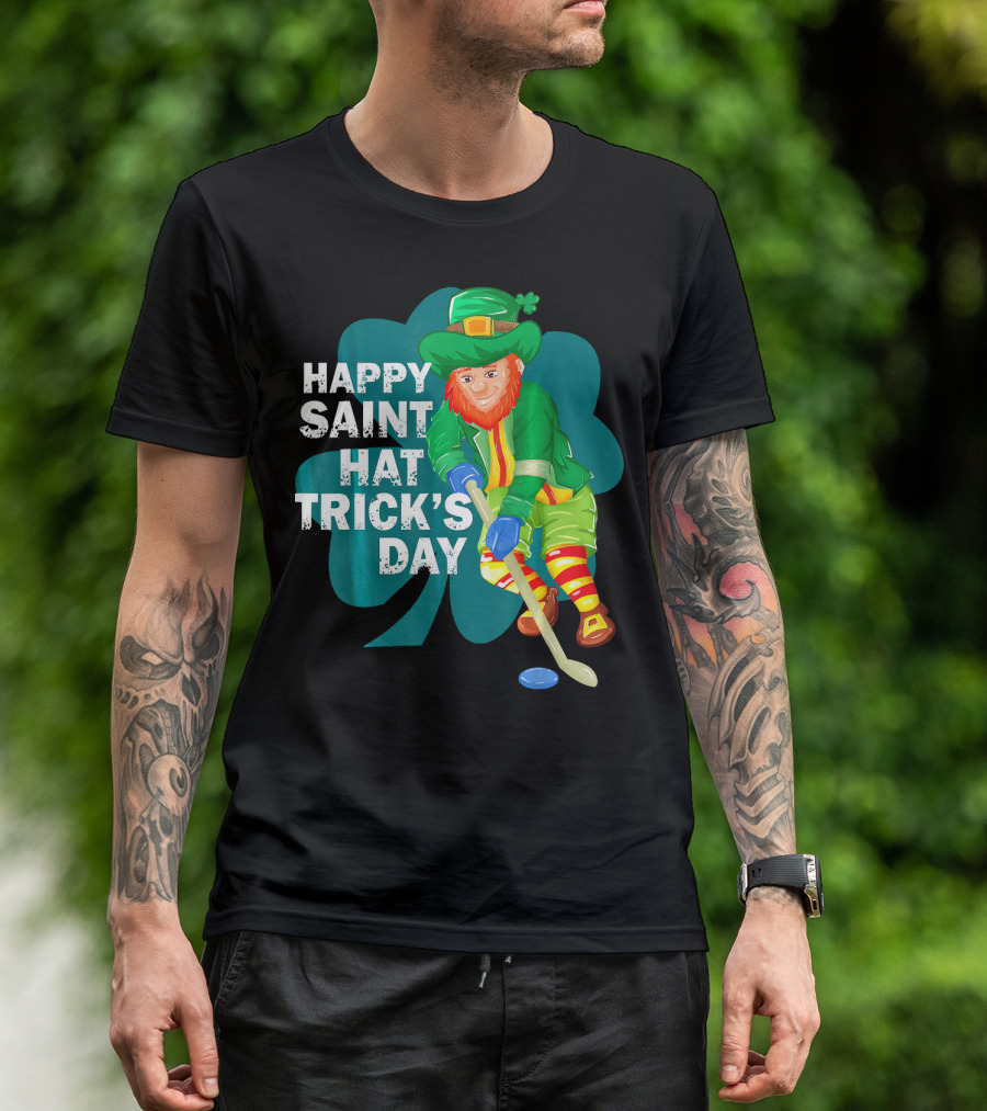Happy Saint Hat Trick's Day Leprechaun Hockey Player Shamrock Ice T-Shirt