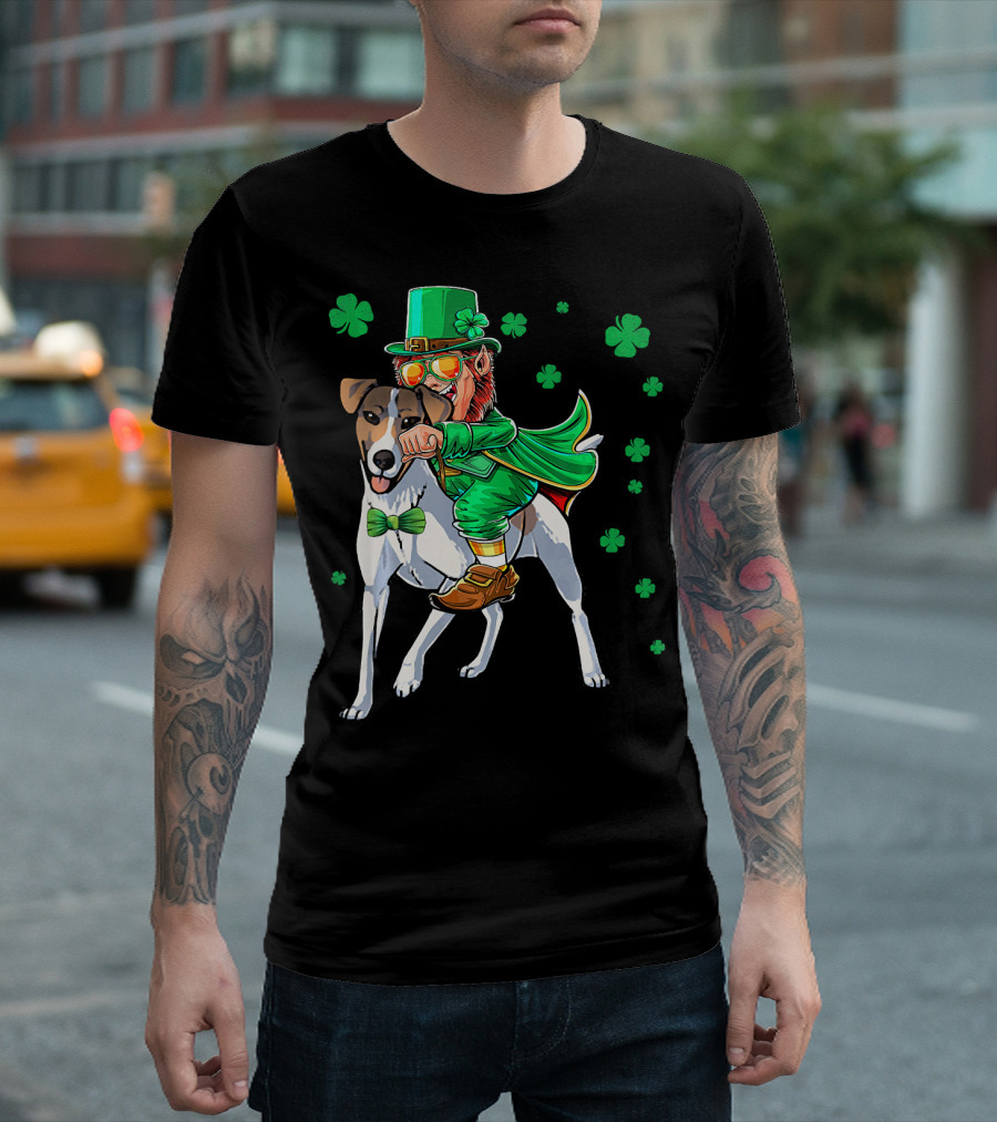 Leprechaun Riding Smooth Fox Terrier With Shamrocks T-Shirt
