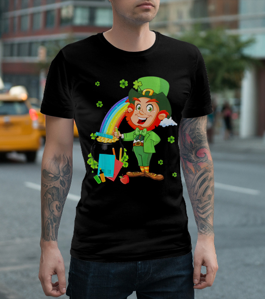 Leprechaun Teacher with Pot of Gold and Rainbow T-Shirt