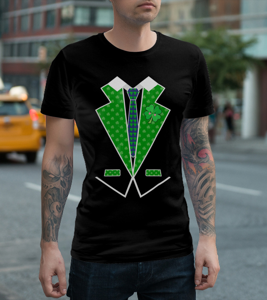 St. Patrick Day Shamrock Vest Tuxedo with Green Tie T-Shirt