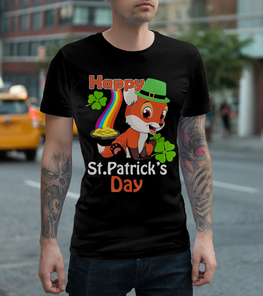 Happy St Patrick's Day Funny Fox Rainbow Clover Gold T-Shirt