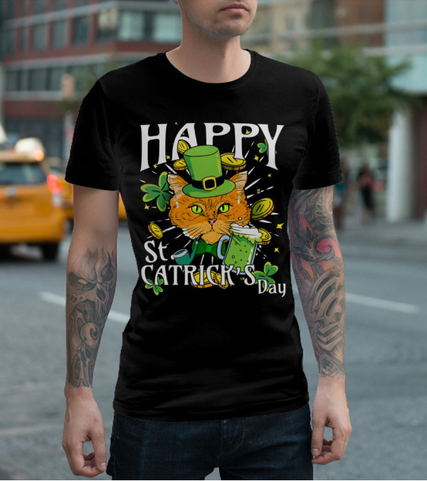 Happy St. Catricks Day Funny St. Patrick Cat Clover Coins T-Shirt