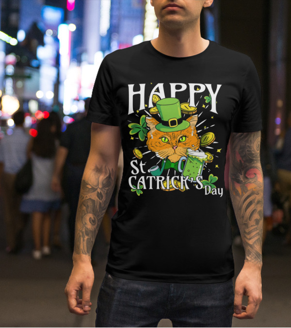 Happy St. Catricks Day Funny St. Patrick Cat Clover Coins T-Shirt