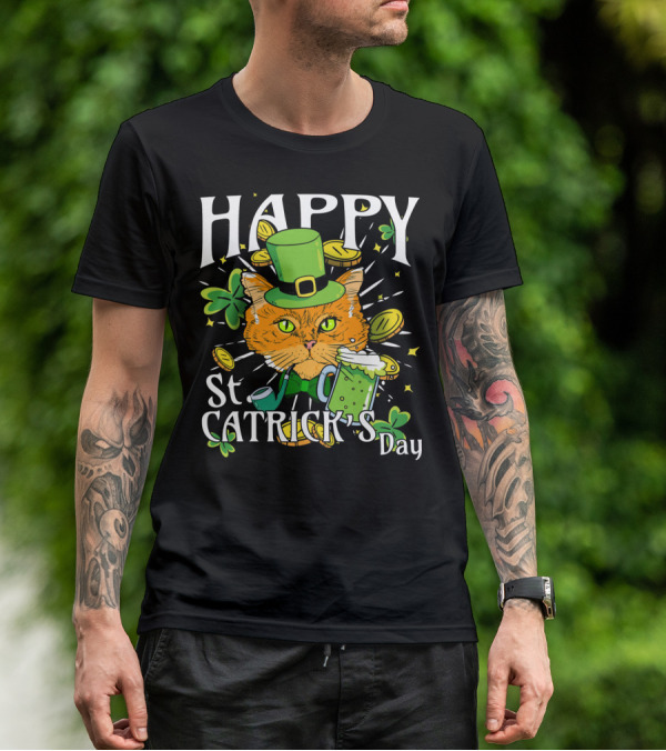Happy St. Catricks Day Funny St. Patrick Cat Clover Coins T-Shirt