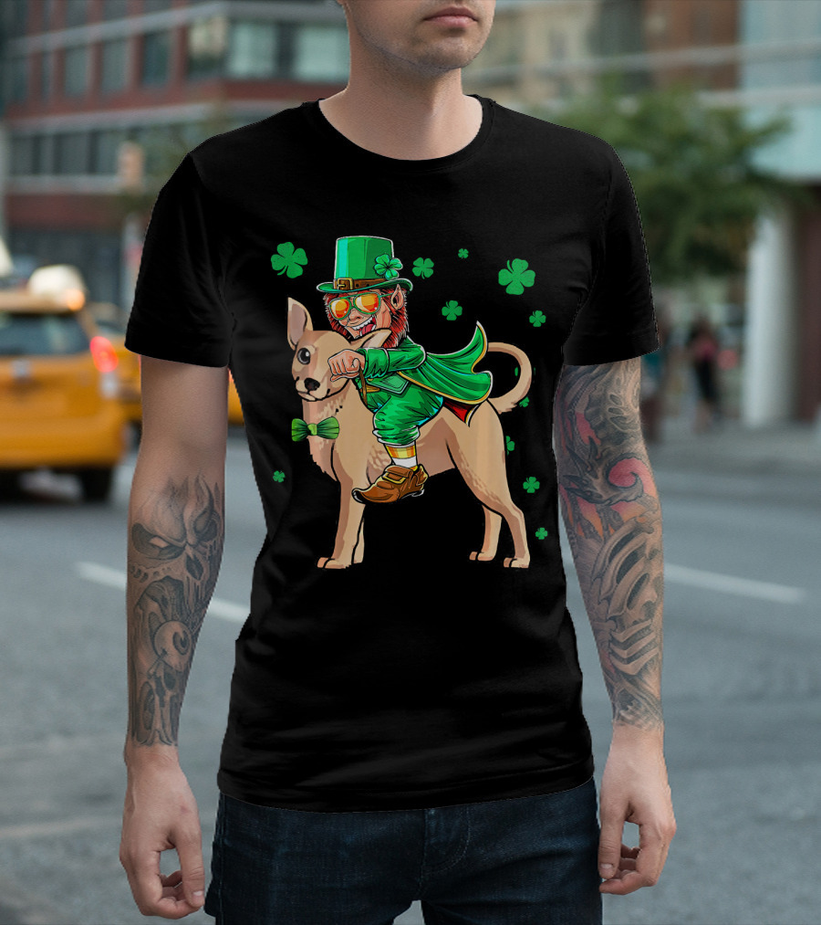 Leprechaun Riding Chihuahua with Shamrocks St. Patrick's Day T-Shirt