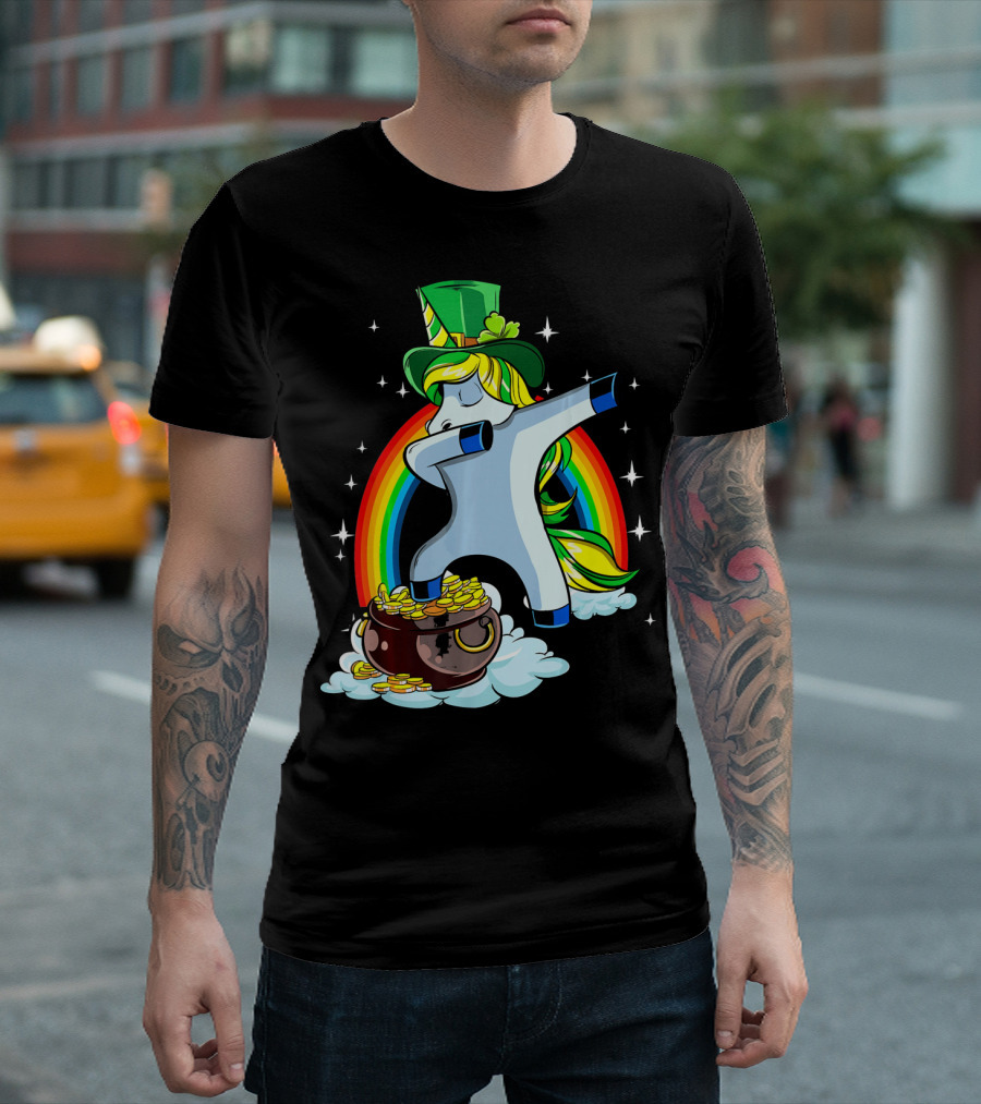 St Patricks Day Dabbing Unicorn Rainbow Pot of Gold T-Shirt
