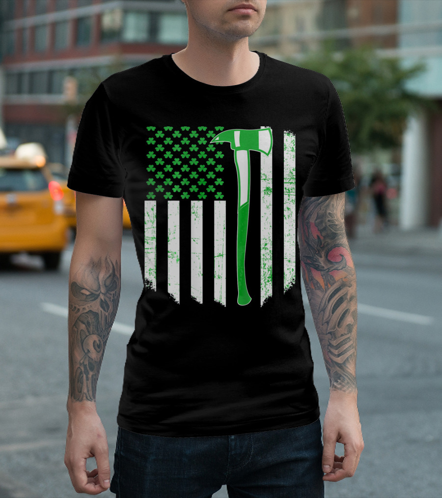 Irish Shamrock Flag Firefighter Axe T-Shirt