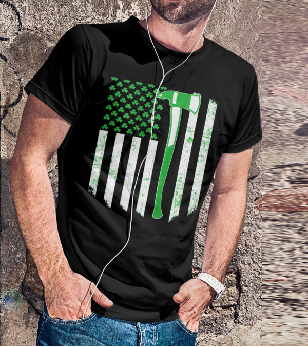 Irish Shamrock Flag Firefighter Axe T-Shirt