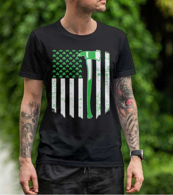 Irish Shamrock Flag Firefighter Axe T-Shirt
