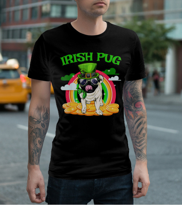 Irish Pug Funny St Patricks Day Leprechaun Rainbow Coins T-Shirt