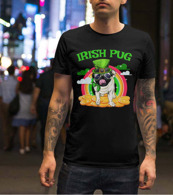 Irish Pug Funny St Patricks Day Leprechaun Rainbow Coins T-Shirt