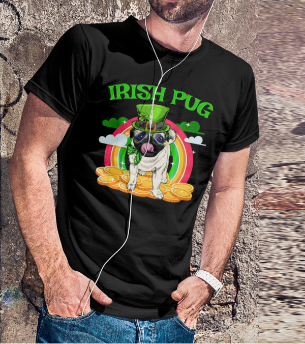Irish Pug Funny St Patricks Day Leprechaun Rainbow Coins T-Shirt