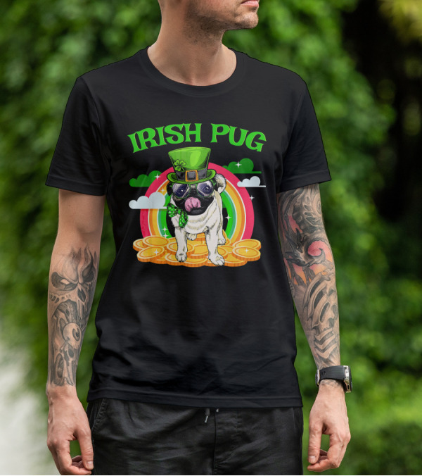 Irish Pug Funny St Patricks Day Leprechaun Rainbow Coins T-Shirt