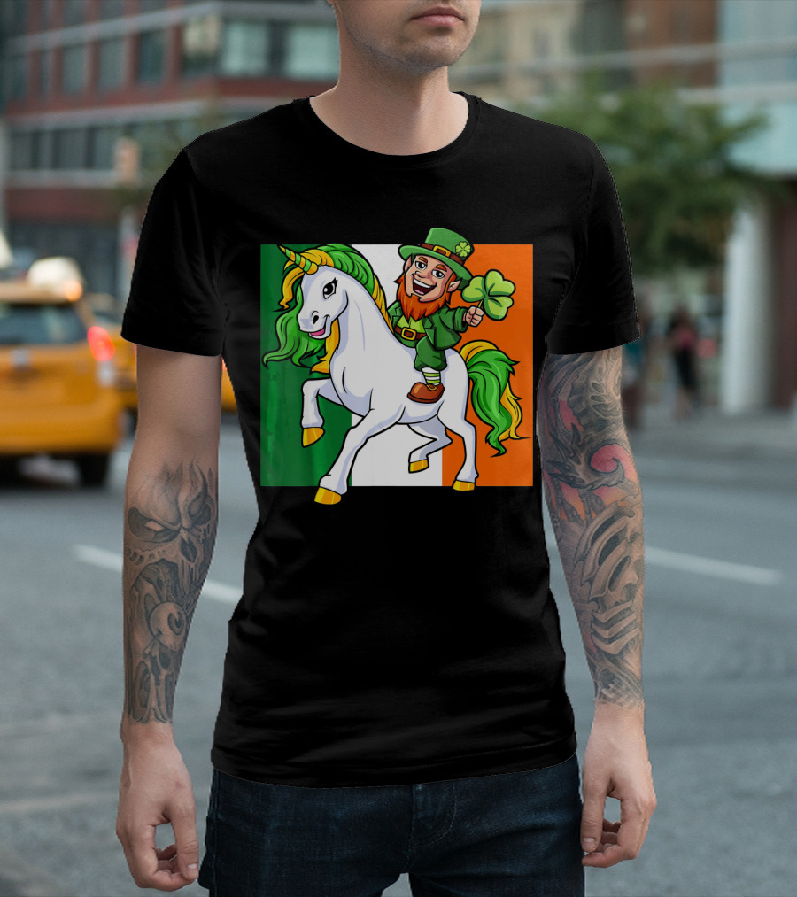 Leprechaun Riding Unicorn Irish Flag St Patricks Day T-Shirt