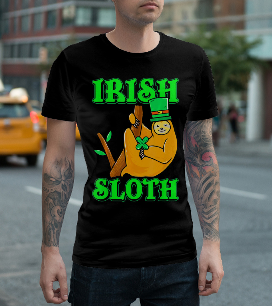 IRISH SLOTH Lucky Sloth with Shamrock and Green Hat T-Shirt
