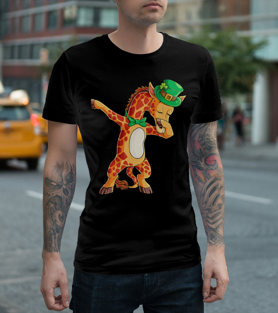 Giraffe Dabbing Leprechaun Hat Bow Tie T-Shirt