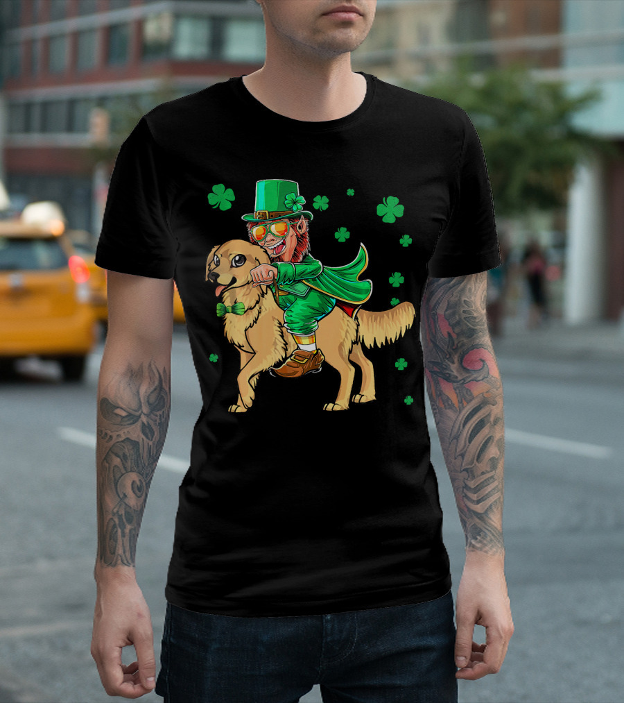 Leprechaun Riding Golden Retriever with Shamrocks T-Shirt