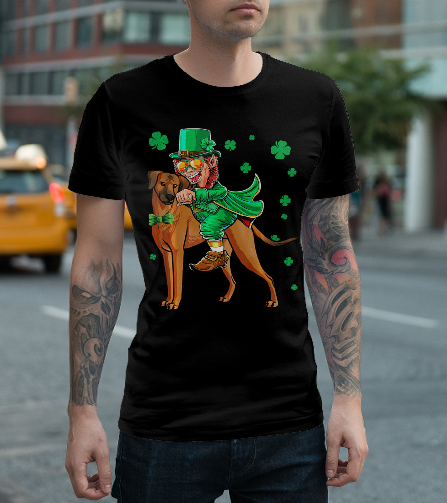 Leprechaun On Rhodesian Ridgeback With Shamrocks T-Shirt