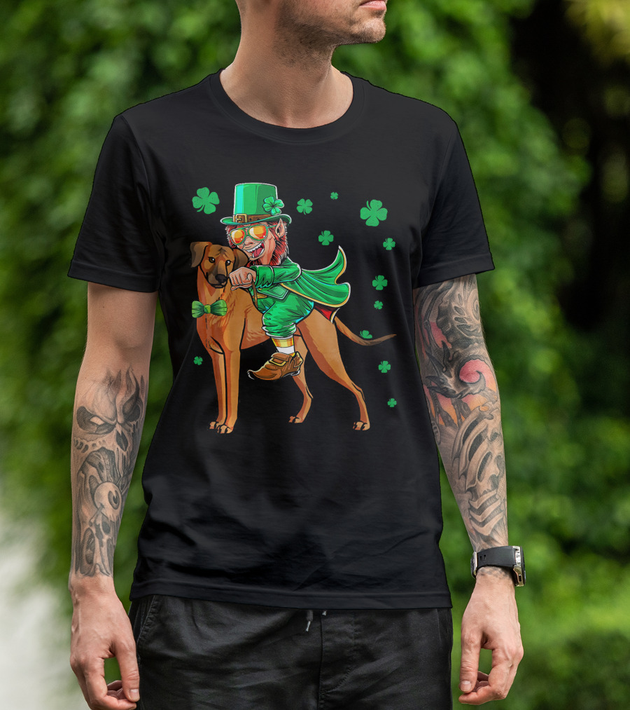 Leprechaun On Rhodesian Ridgeback With Shamrocks T-Shirt