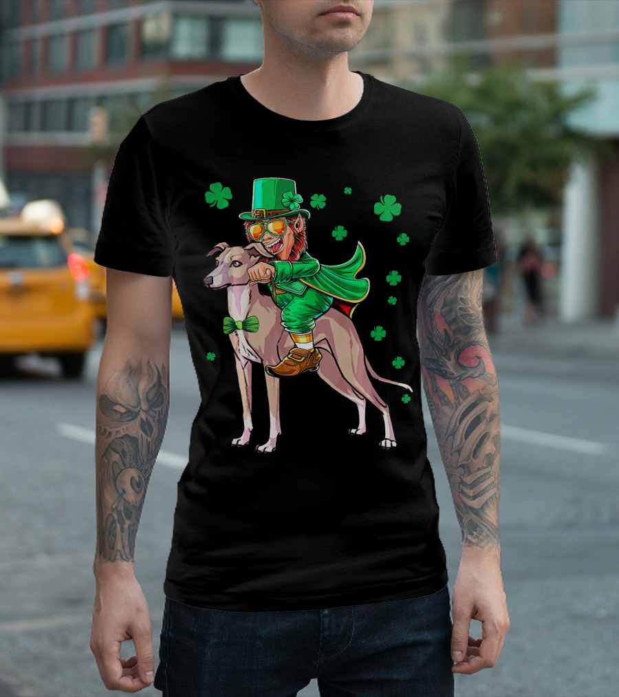 Leprechaun Riding Italian Greyhound With Shamrocks T-Shirt