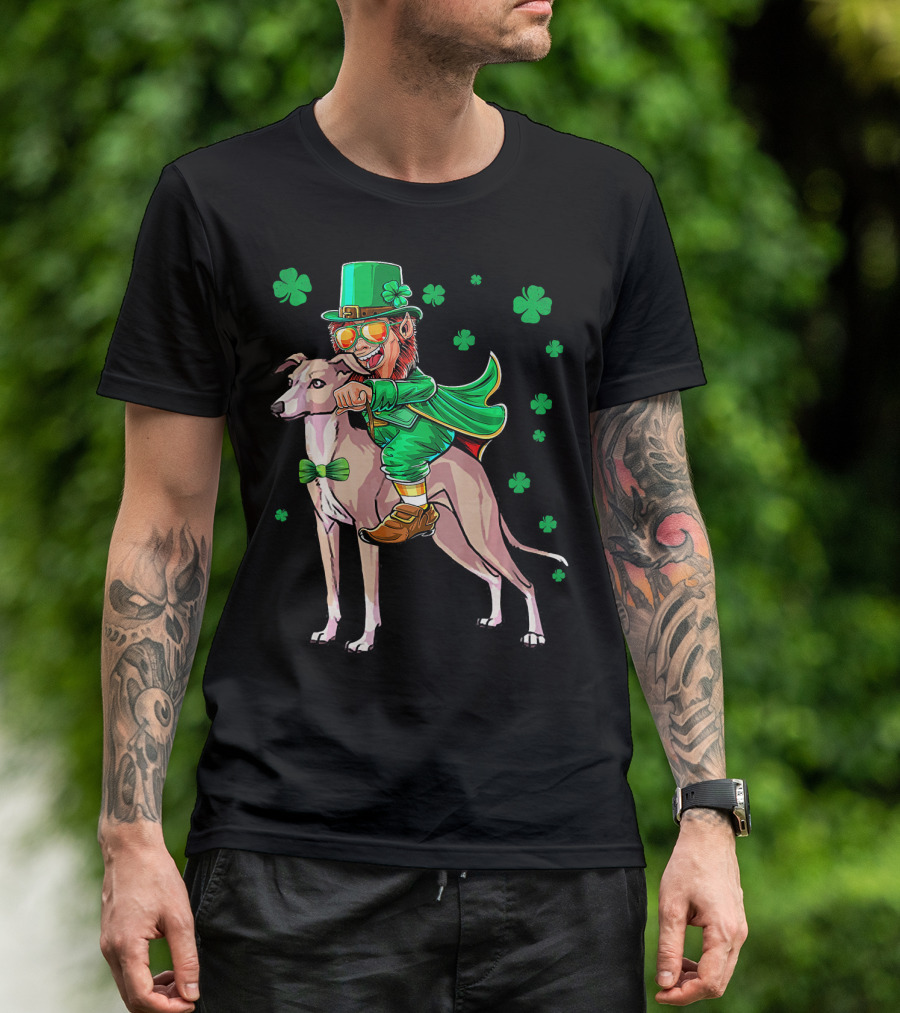 Leprechaun Riding Italian Greyhound With Shamrocks T-Shirt