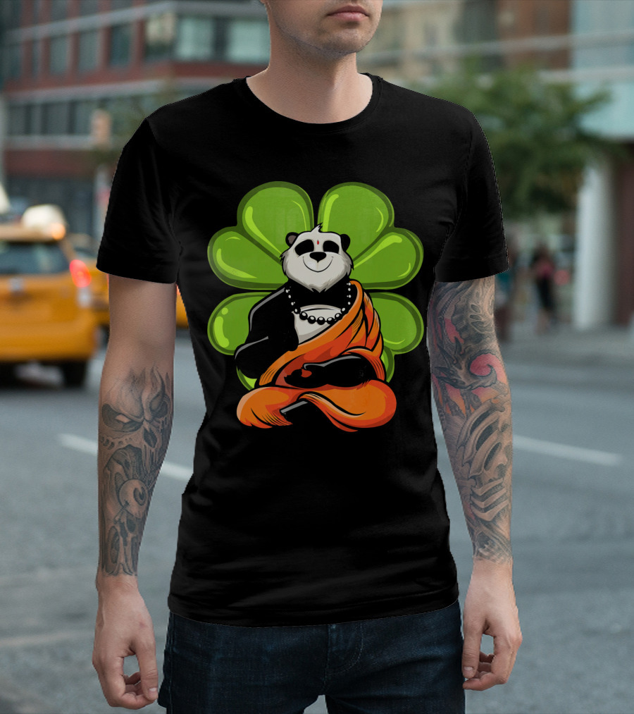 Panda Bear Buddha Zen Meditation With Lucky Four-Leaf Clover T-Shirt