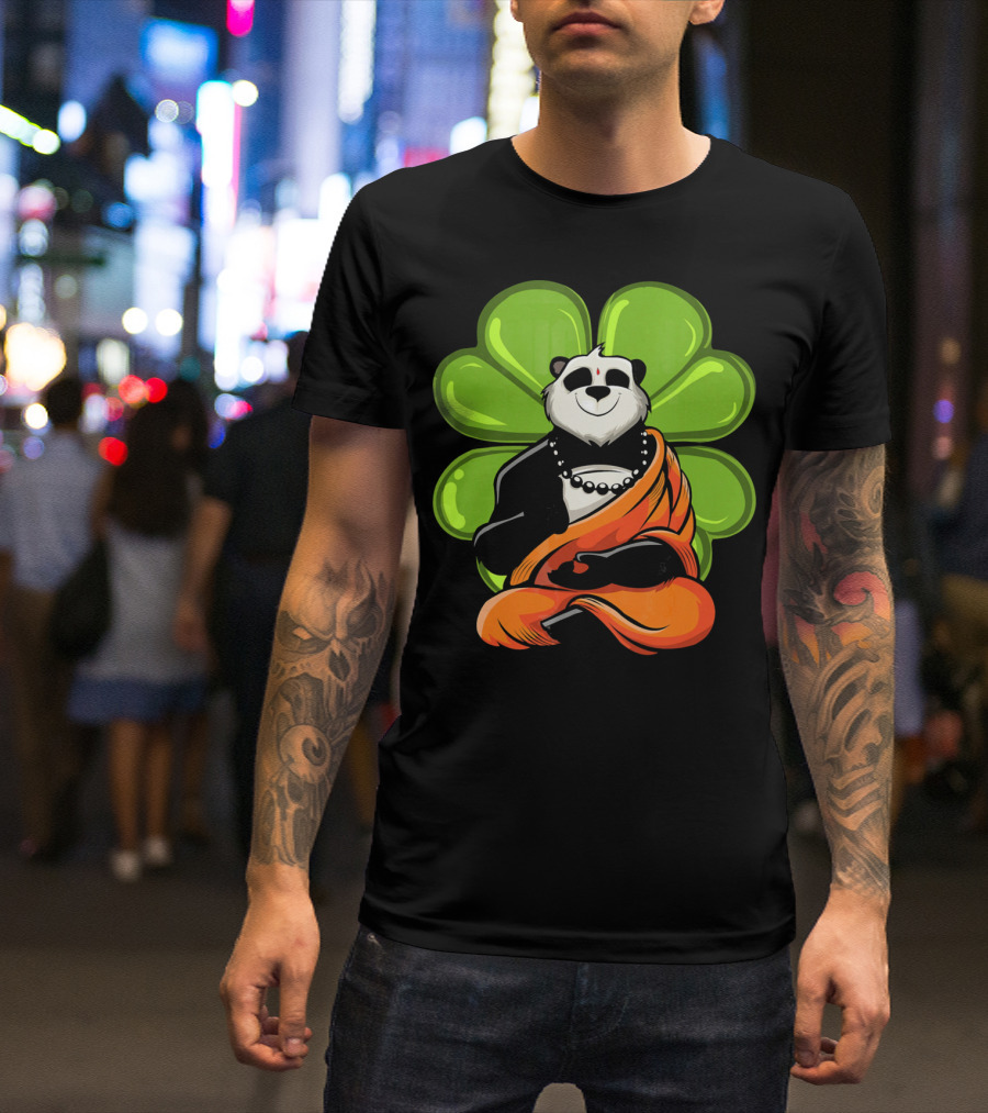 Panda Bear Buddha Zen Meditation With Lucky Four-Leaf Clover T-Shirt