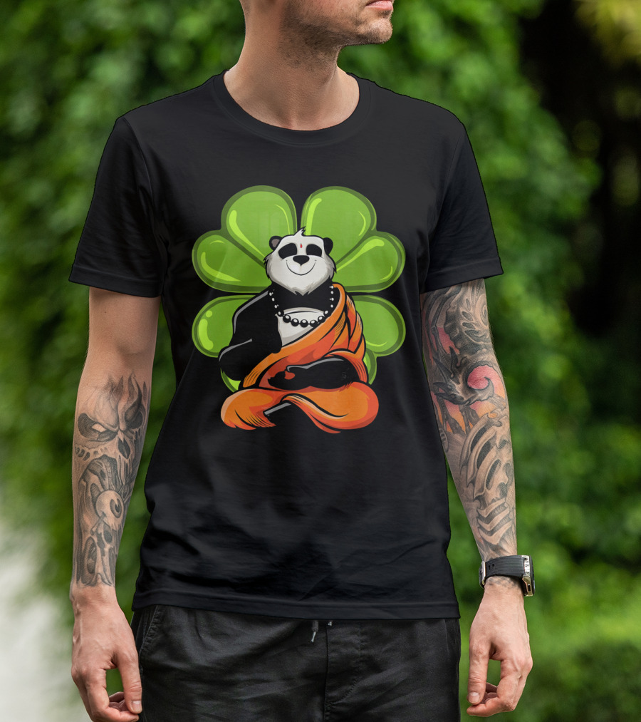 Panda Bear Buddha Zen Meditation With Lucky Four-Leaf Clover T-Shirt