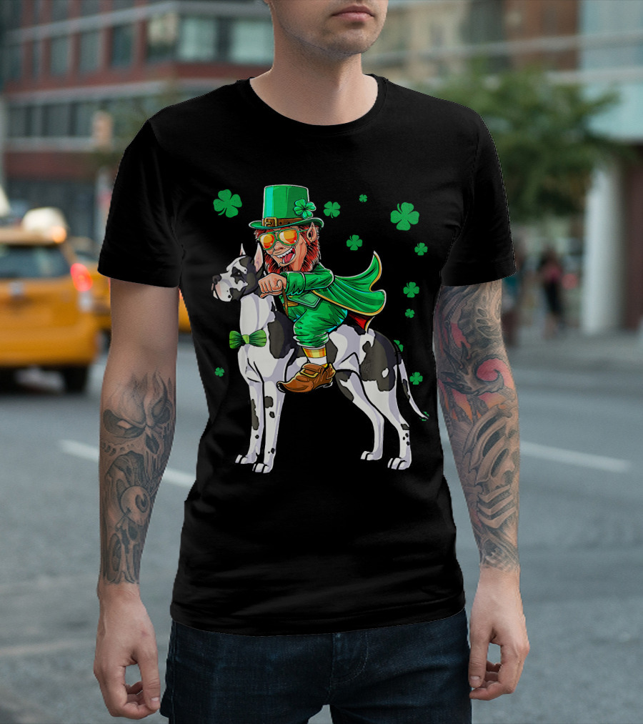 Leprechaun Riding Great Dane with Shamrocks St. Patri T-Shirt