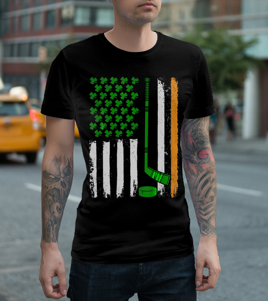 Hockey St Patricks Irish American Flag Shamrock Hockey Stick T-Shirt