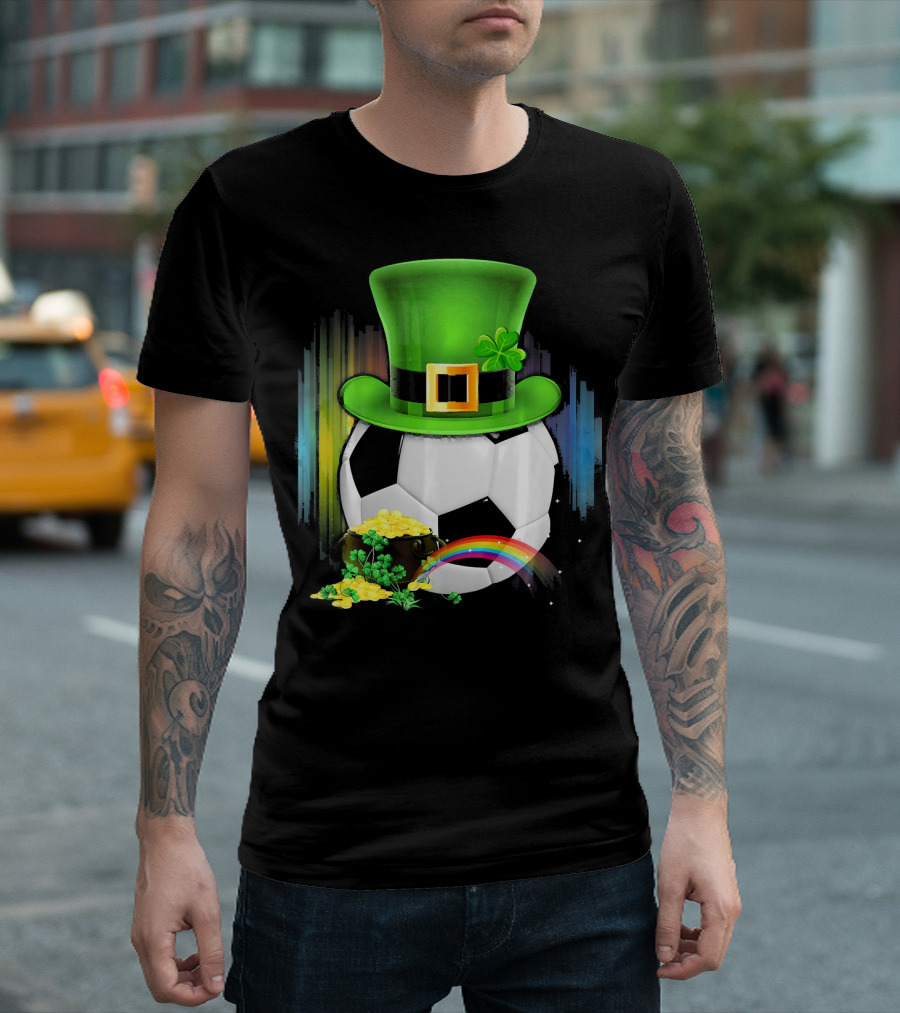 Soccer Ball Leprechaun Hat Pot of Gold Rainbow Saint Patricks T-Shirt
