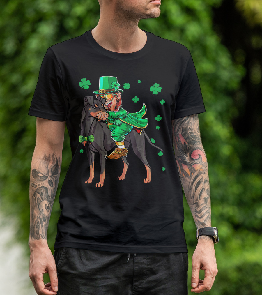 Leprechaun Riding Manchester Terrier With Shamrocks T-Shirt