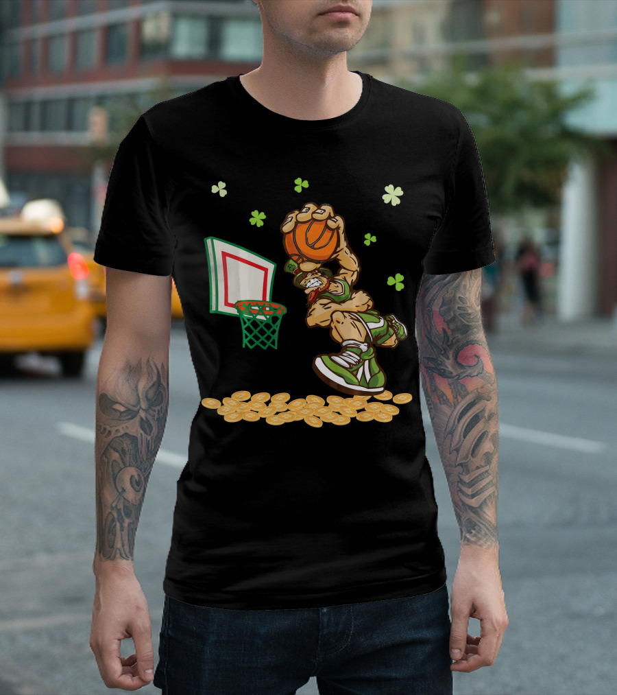 Leprechaun Dunking Basketball Surrounded by Shamrocks and Gold Coins T-Shirt
