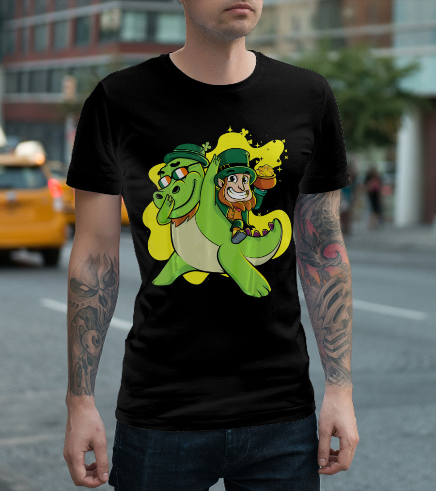 Dabbing Dinosaur And Leprechaun With Gold For St Patrick's Day T-Shirt