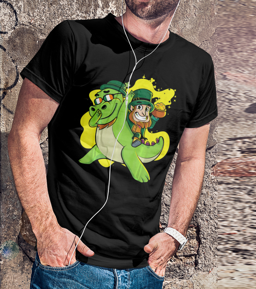 Dabbing Dinosaur And Leprechaun With Gold For St Patrick's Day T-Shirt