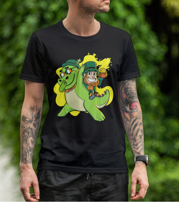 Dabbing Dinosaur And Leprechaun With Gold For St Patrick's Day T-Shirt