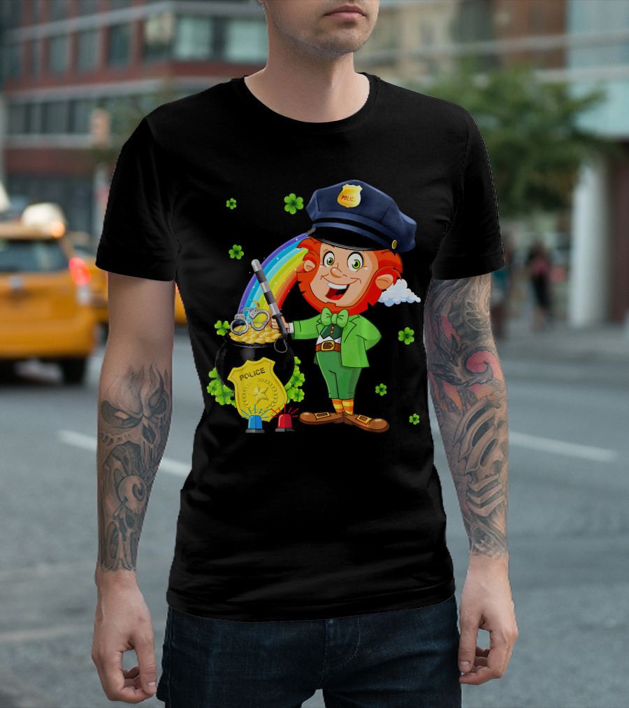 Police Leprechaun Pot of Gold Rainbow Clover St. Patricks T-Shirt