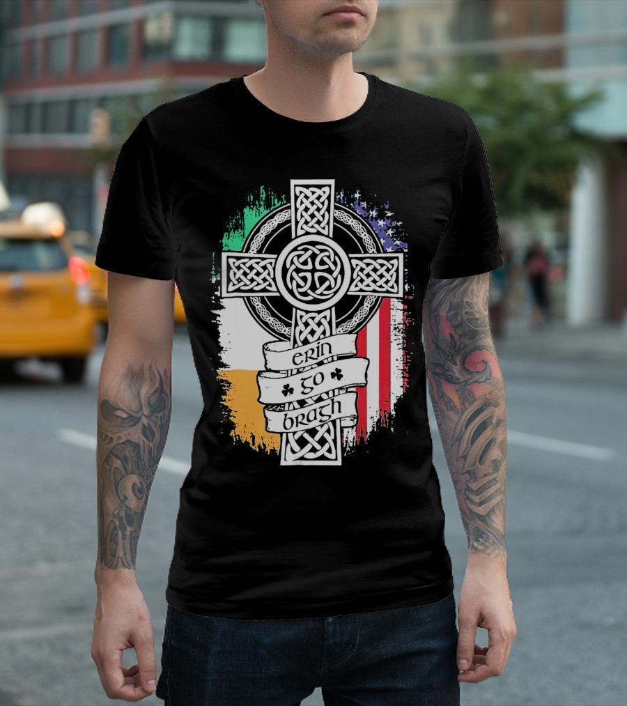 Erin Go Bragh Celtic Cross Irish American Flag T-Shirt