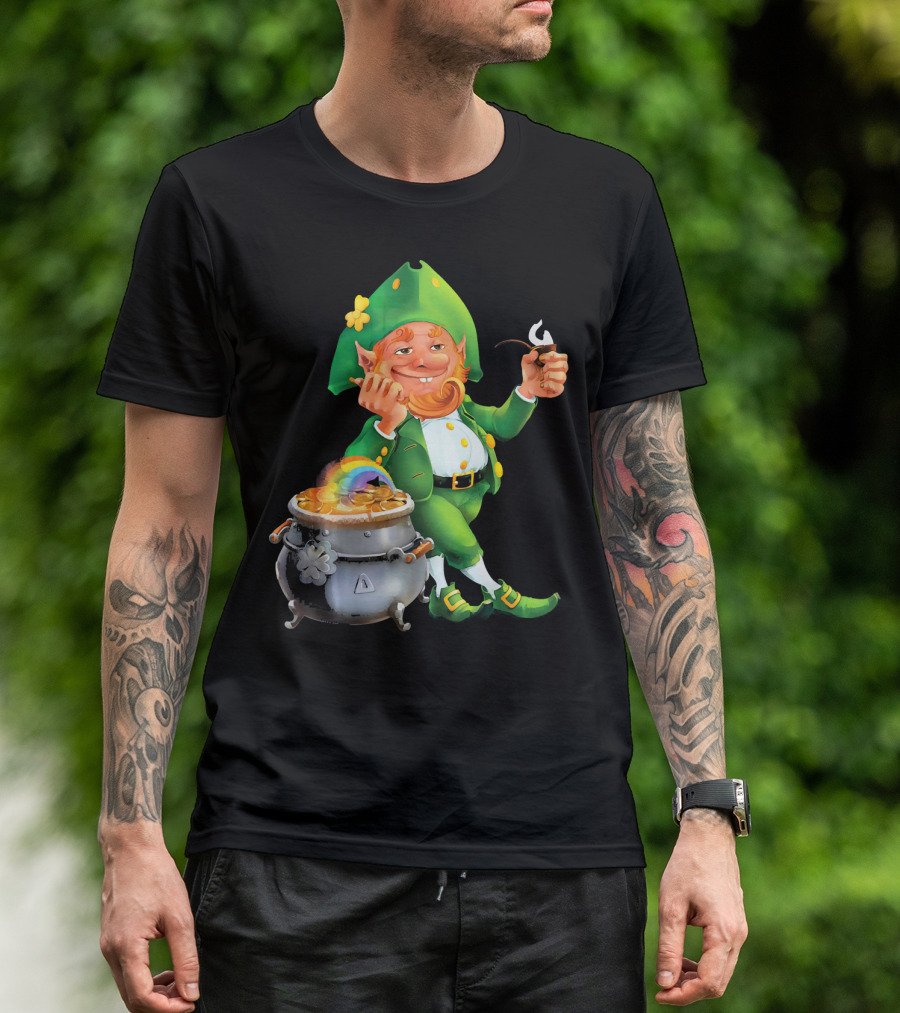 Cool Leprechaun With Rainbow And Gold Pot T-Shirt