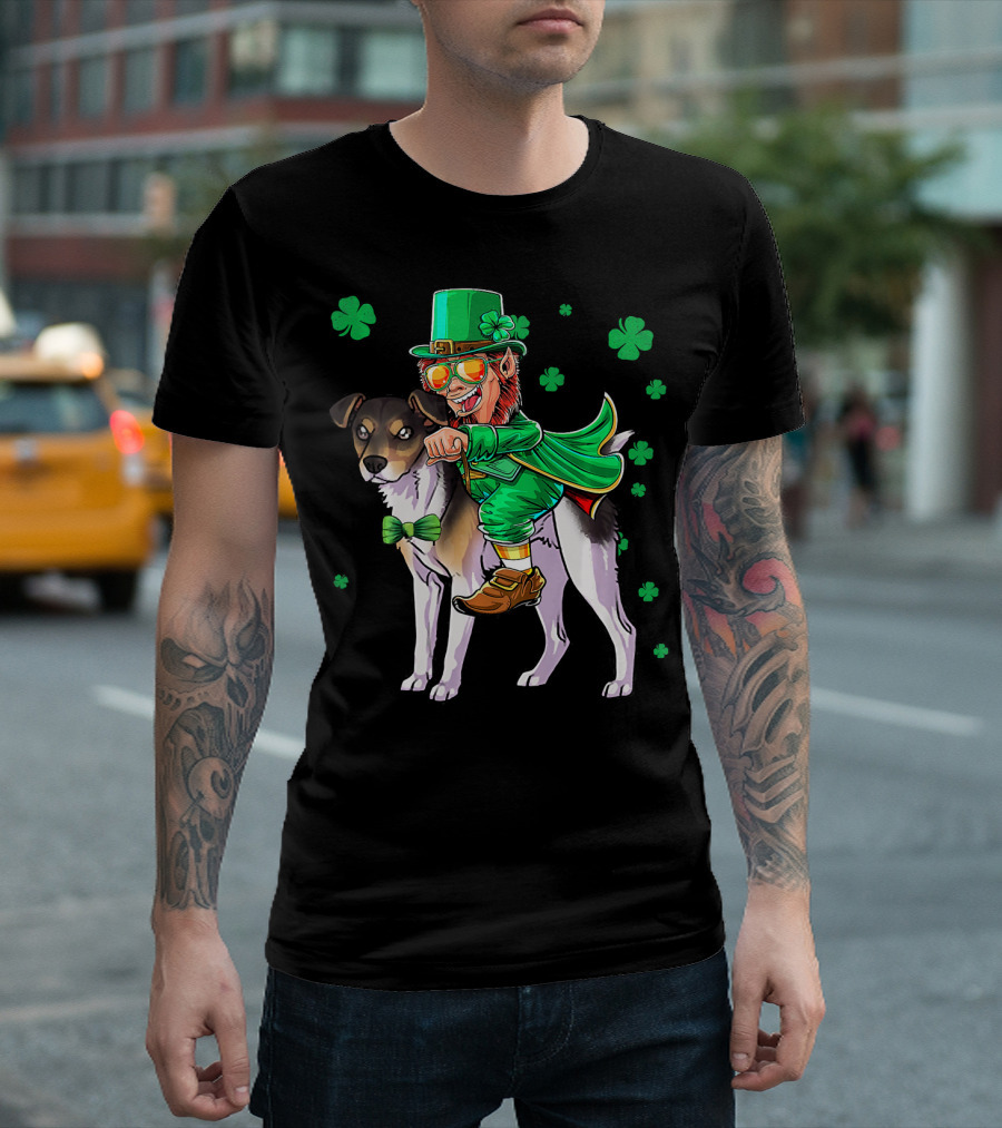 Leprechaun Riding Rat Terrier With Shamrock Pattern St Patrick's Day T-Shirt