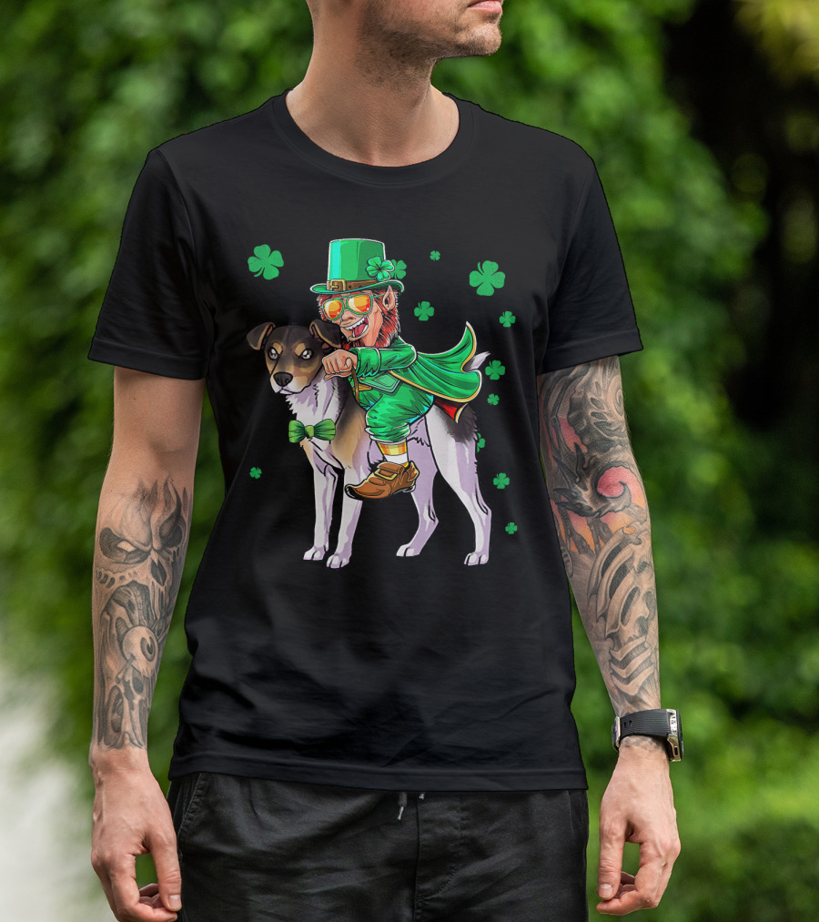 Leprechaun Riding Rat Terrier With Shamrock Pattern St Patrick's Day T-Shirt
