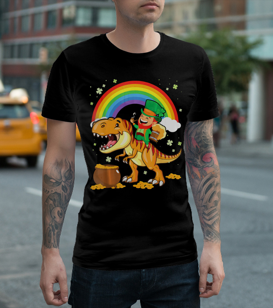 Leprechaun Drinking Beer Riding Dinosaur Under Rainbow with Pot of Gold T-Shirt